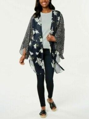 Cejon Black Sheer Floral Kimono with Polka Dot Sleeves